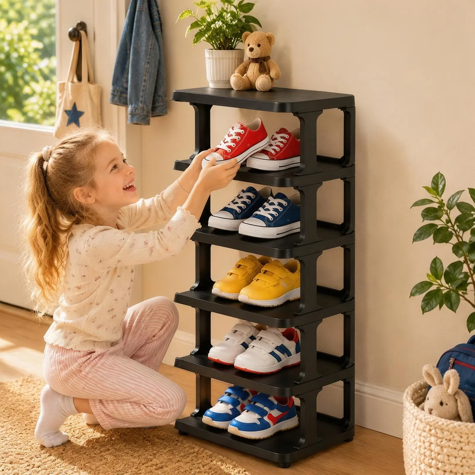 6-Tier Tall PP Plastic Shoe Rack Organizer - Narrow Vertical Stackable Closet Storage, Washable Entryway Corner Shelf with 9 and 10 Cubby Designs for Women's Shoes