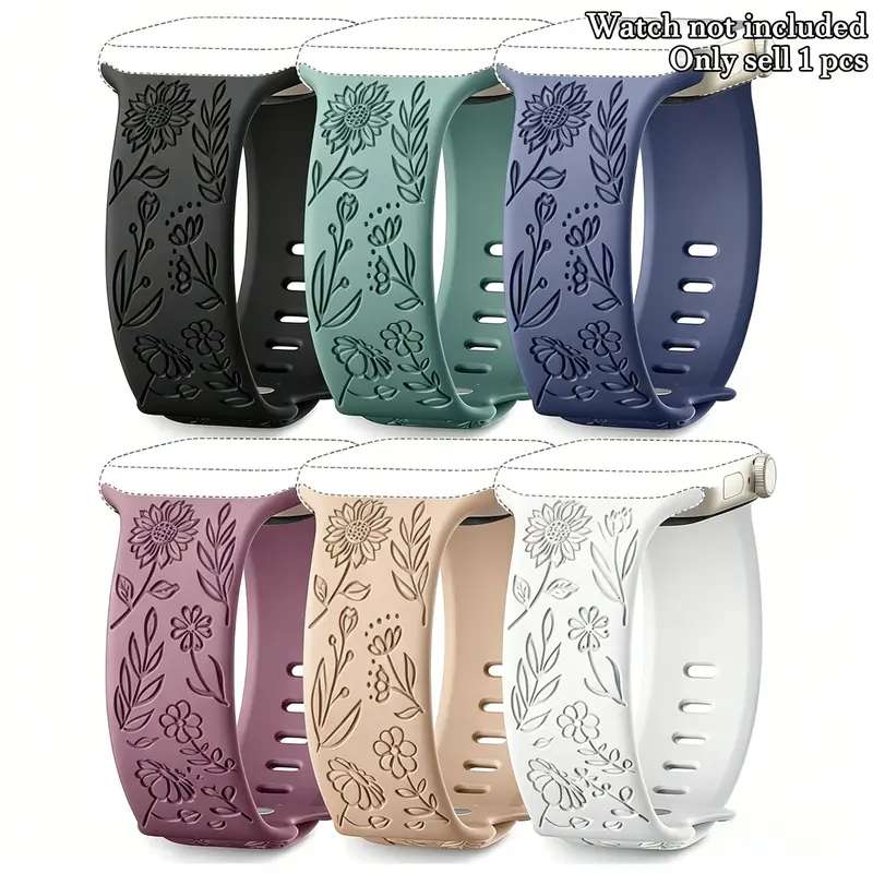 Floral Engraved Bands Compatible with Apple Watch Bands for Women & Men, Soft Silicone Cute Flower Pattern Sport Strap for iWatch Series 1-10, Ultra, SE, Smartwatch Replacement Straps, Wearable Tech Accessory (Band Only)