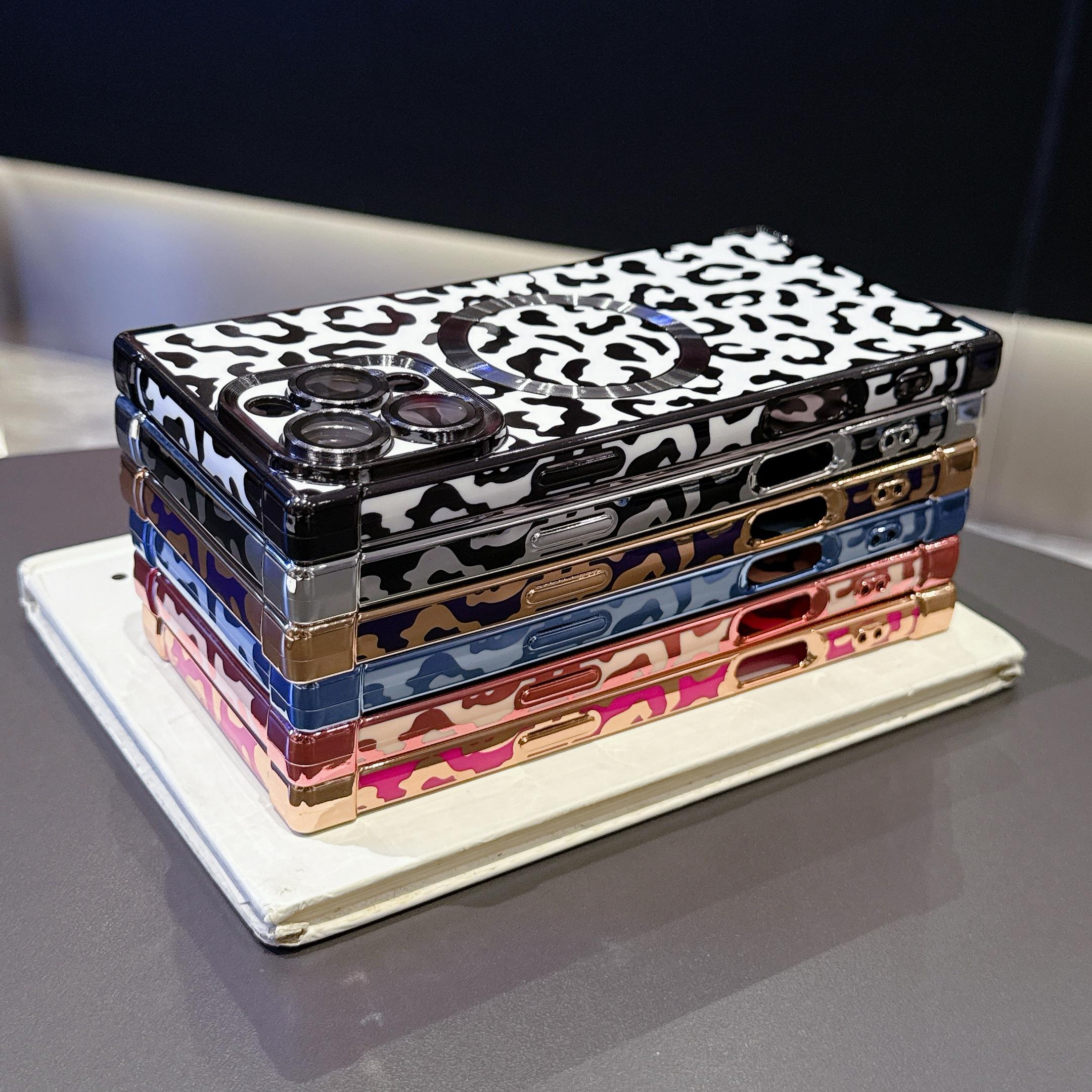 Luxury Leopard Print Shiny Square Edge Phone Case, Cover, Casing, Compatible with iPhone 16 15 14 13 Pro Max, Magnetic Wireless Charging Protection, Accessories