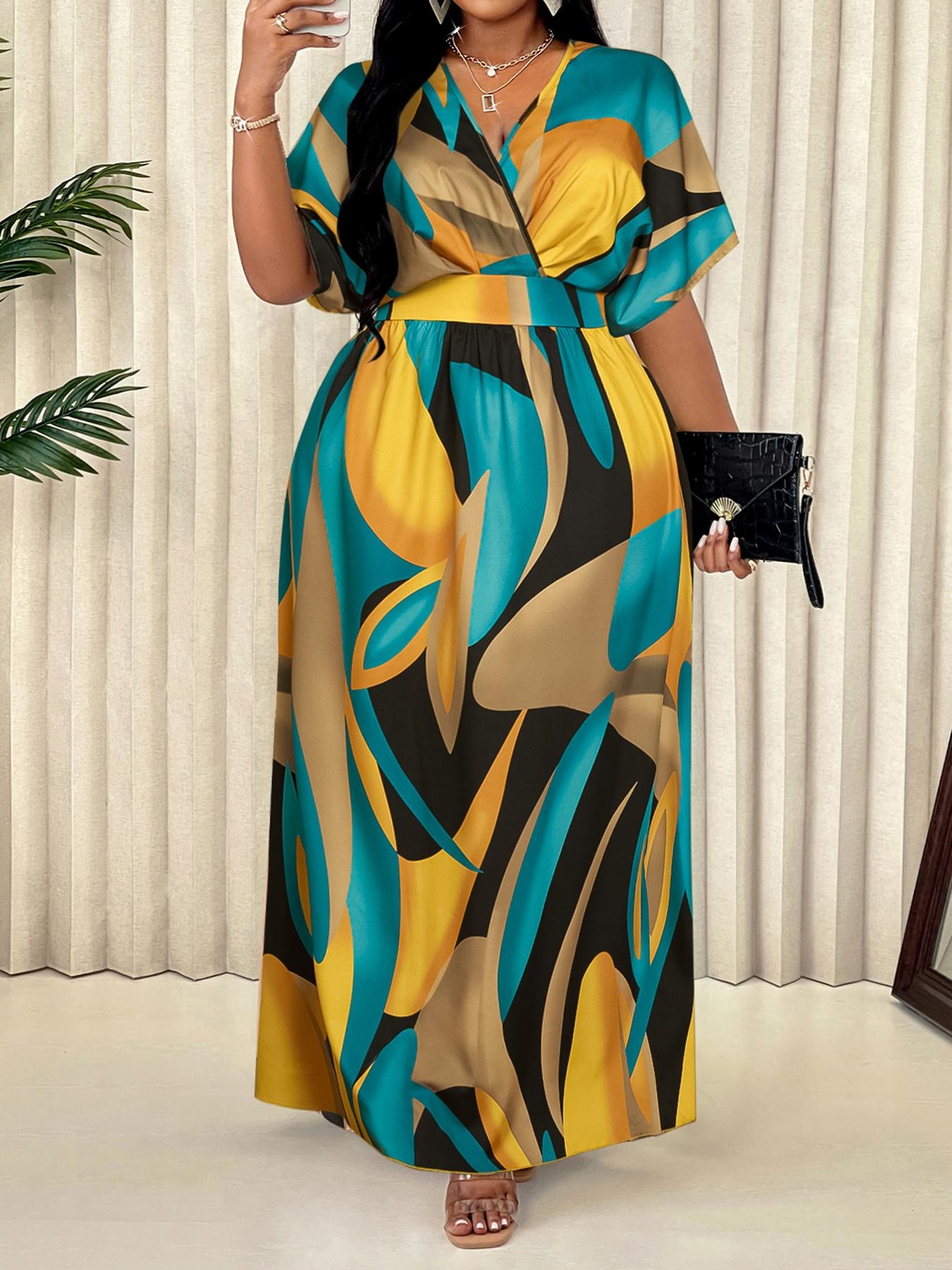 Elegant Sexy Women's Geometric Print Casual Dress Plus Size V Neck High Waist Wrap Dress, Fitted Woven Fabric, All Seasons Fashion