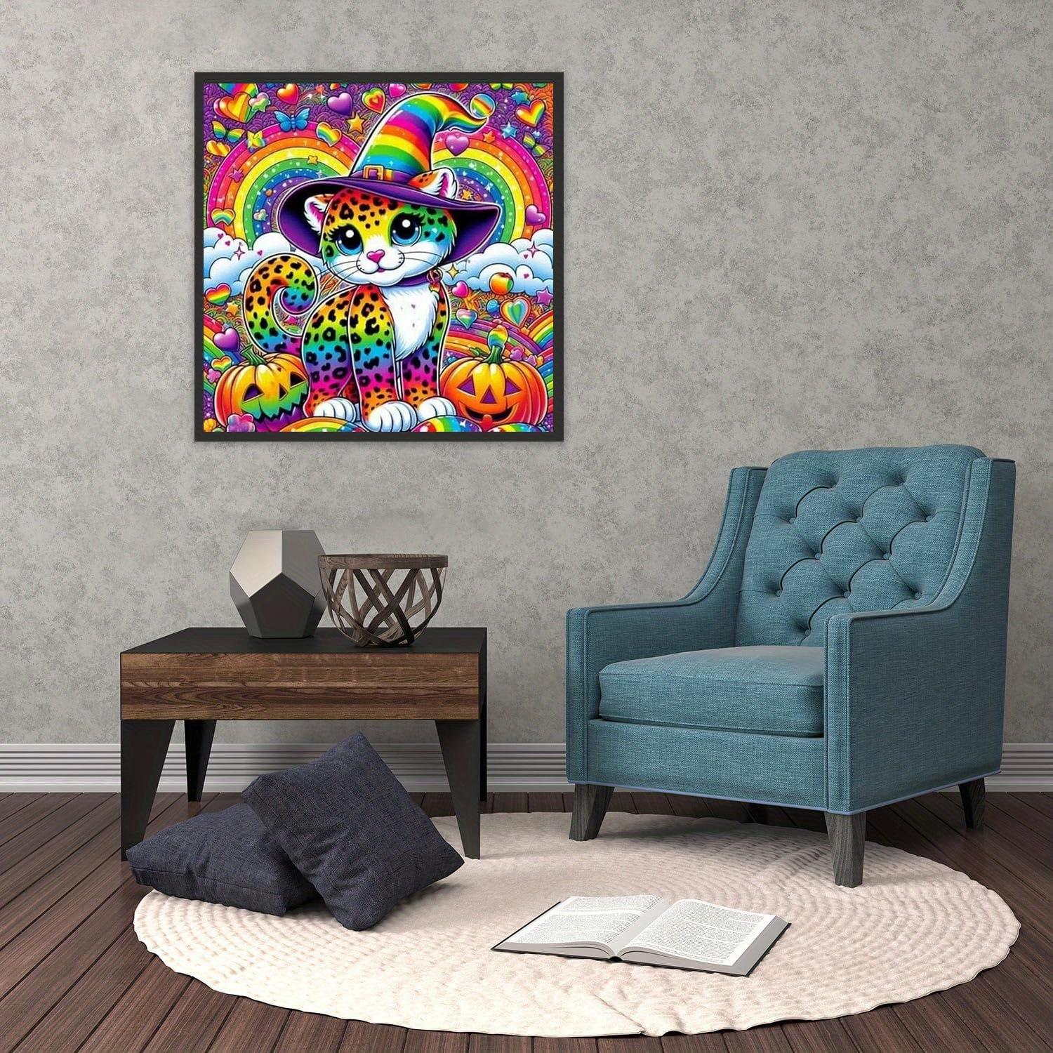 A 2D flat frameless hand-made DIY diamond painting kit with cartoon fantasy style, featuring rainbow wizard hat leopard print cat, pumpkins, hearts and rainbow elements, ideal for home decor and handcraft lovers as creative gifts.