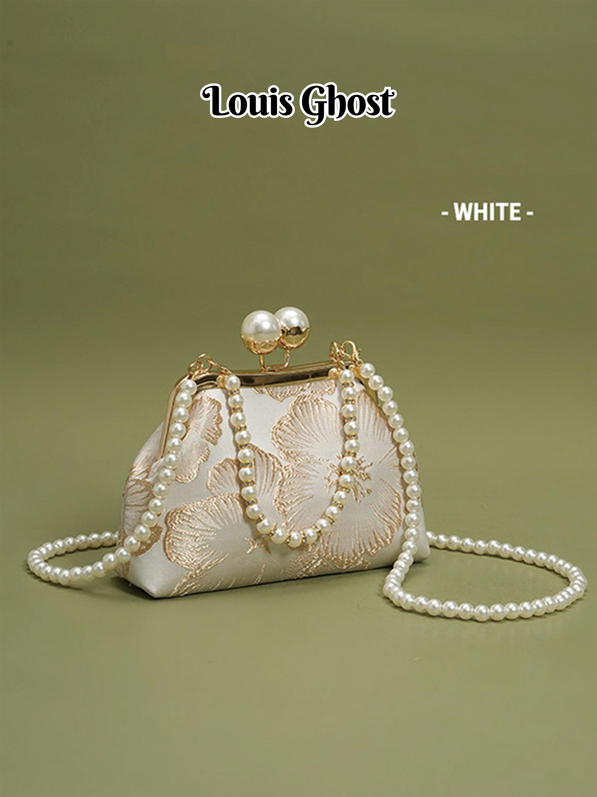 Elegant Embroidered Clutch Bag for Women, Vintage Evening Bag with Pearl Chain and Ginkgo Pattern, Perfect for Weddings and Parties