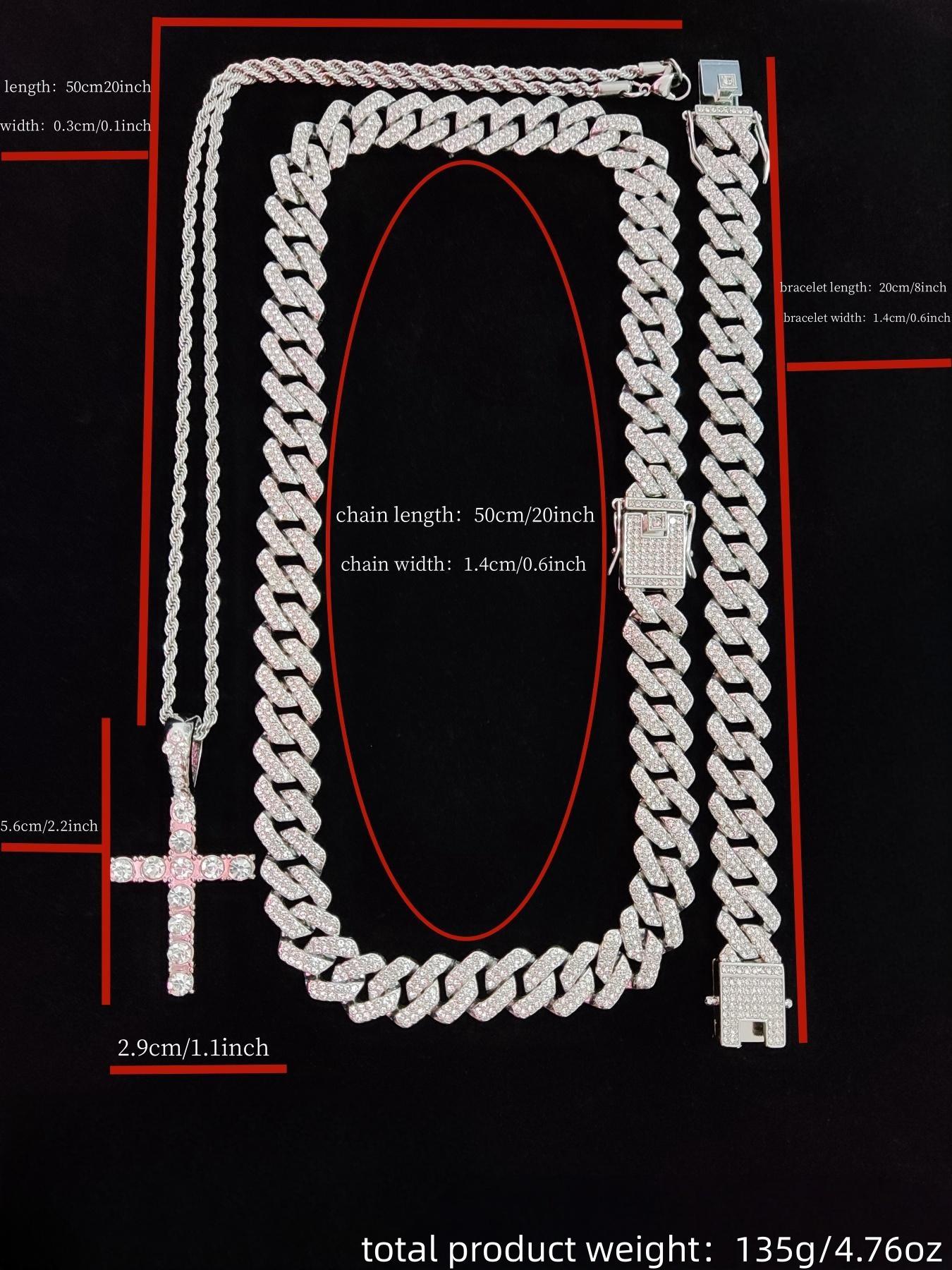 Rhinestone Cross Pendant Chunky Chain Necklace & Bracelet for Women & Men (3counts), Fashion Jewelry for Party, Daily Clothing Decor, Birthday Gift,  Charm Necklace