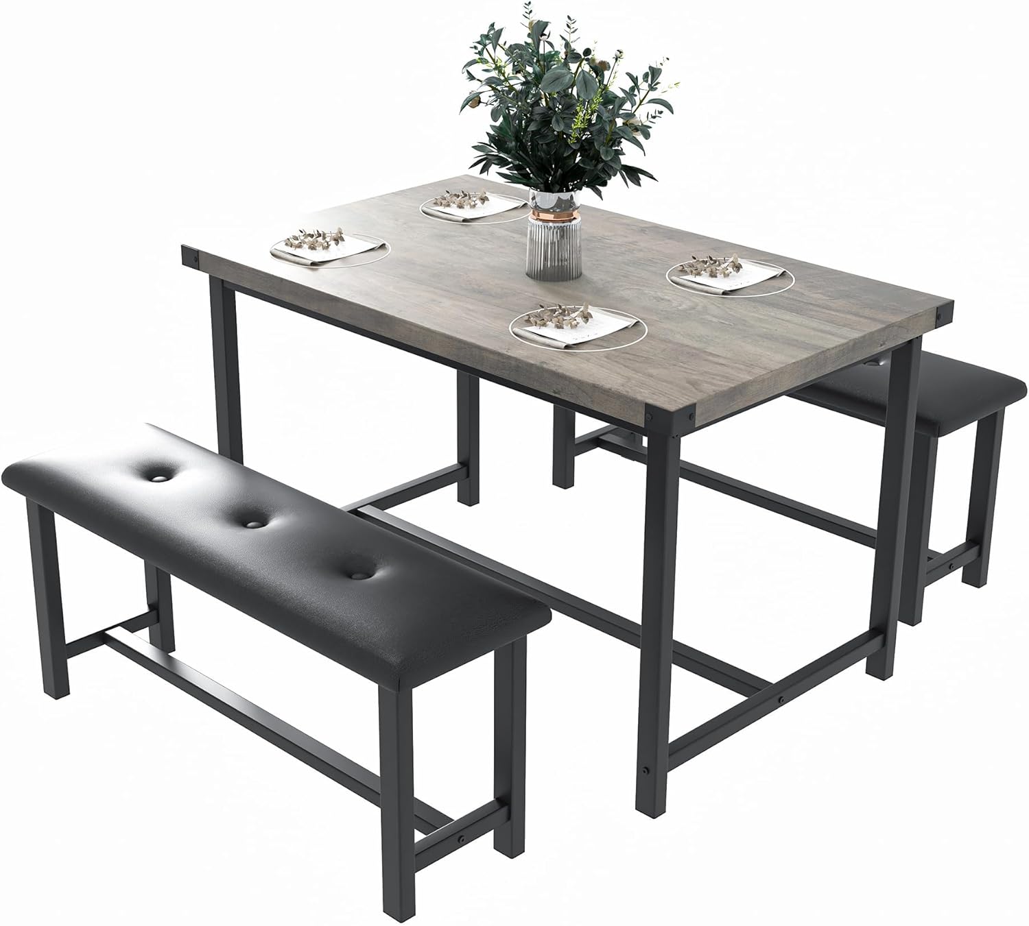 3-Piece Dining Table Set for 4 People, 44" Space Saving Kitchen Table with 2 Benches, Industrial Rectangular Dining Room Table Chairs Set 3-Piece Dining Table Set for 4 People, 44" Space Saving Kitchen Table with 2 Benches, Industrial Rectangular Dining Room Table Chairs Set