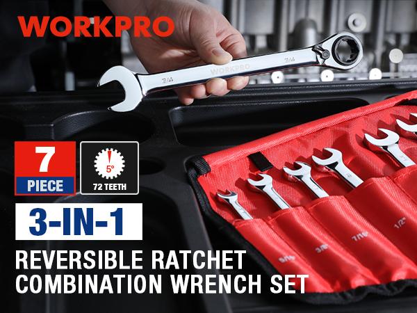 #JumpstartSale WORKPRO 7-Count 3-in-1 Reversible Ratchet Wrench Set,  6Pt& 12Pt& Open-End Wrenches, 72-Teeth Ratcheting Combination Wrench with Rolling Pouch