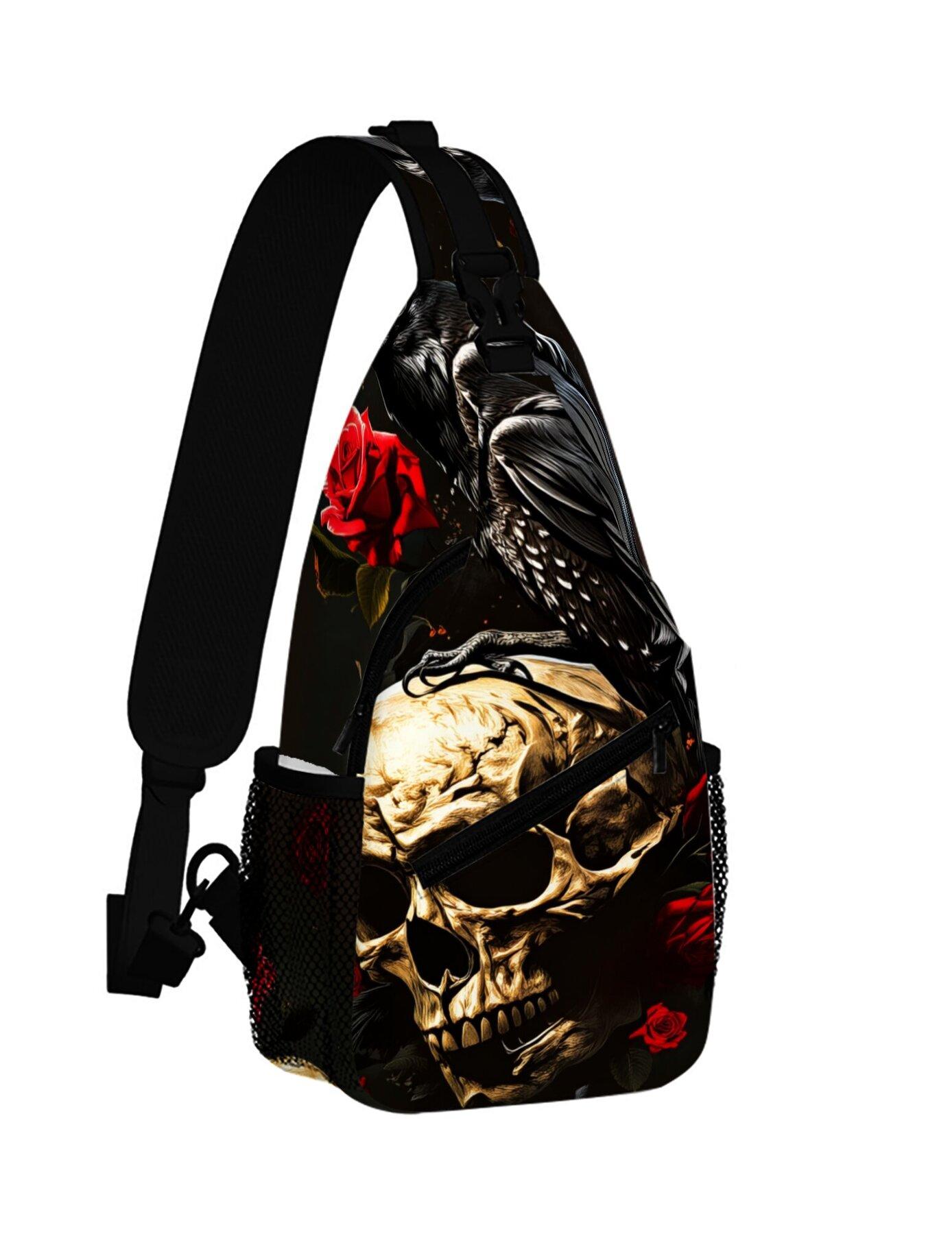 Crow Skull Red Rose Pattern Full-Panel Print Chest Bag Zipper Fanny Pack
