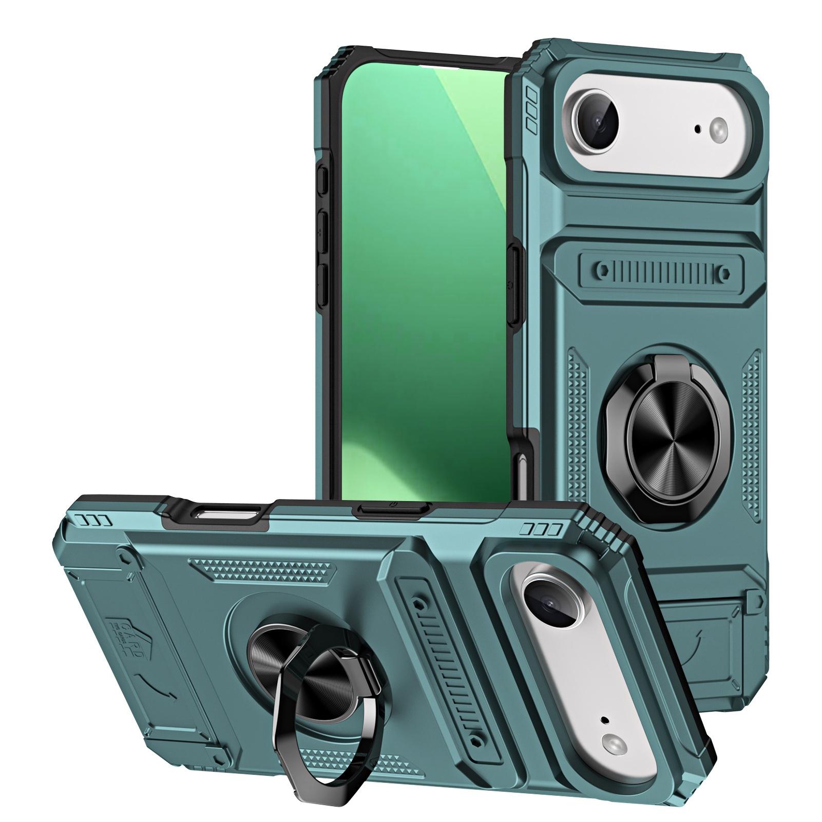 Heavy-Duty Shockproof Hard Case for iPhone 13 14 15 16 E 17 Pro Max Plus, Hidden Dual Card Slot Design with Rotating Metal Stand, Card Holder Protective Cover