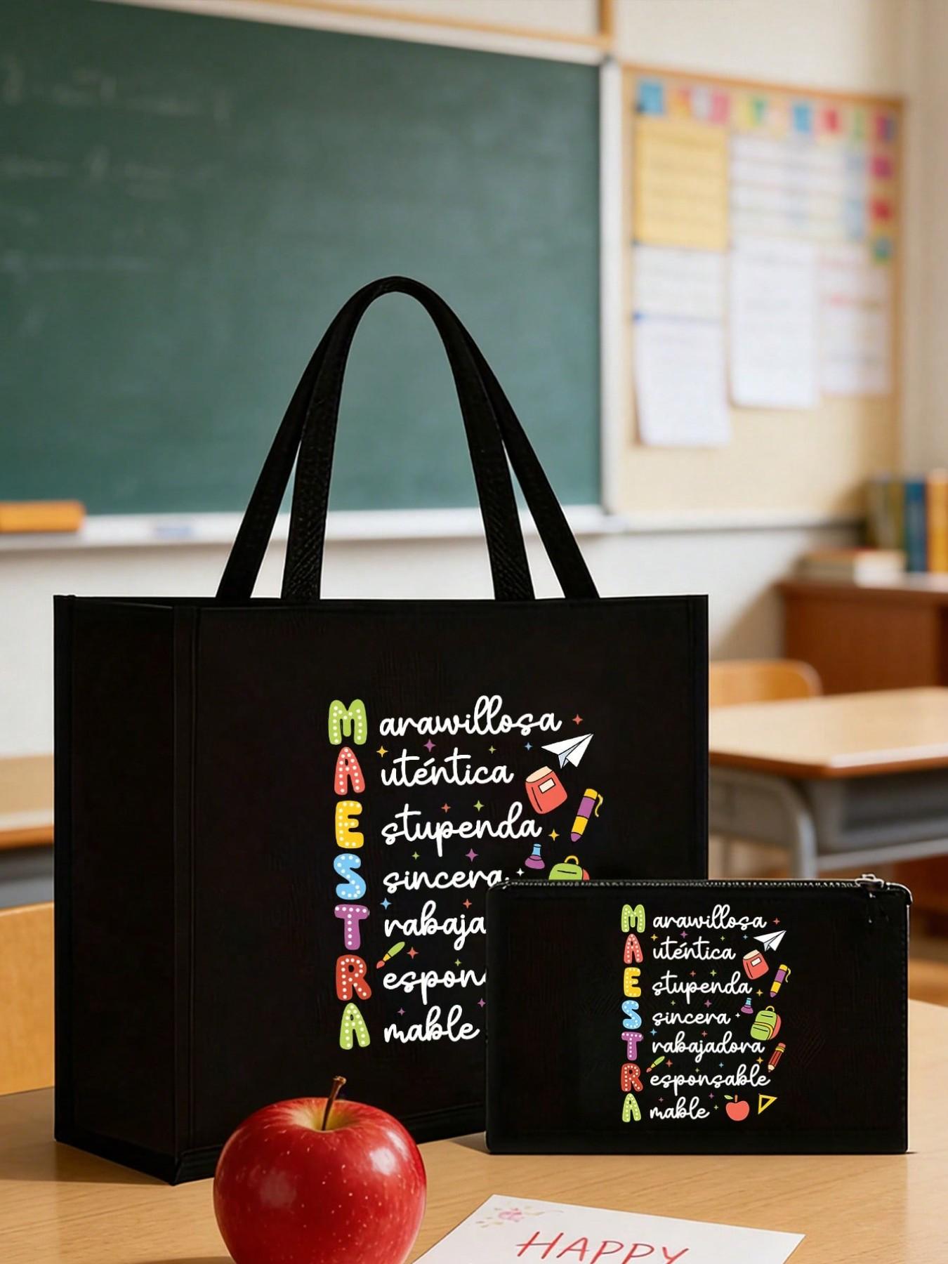 Women Teacher Tote Bag Set, Spanish Teacher Zipper Pouch, Cute Learning Print, Large Capacity Linen Bag, Reusable, Beach, Shopping, Travel, Gift