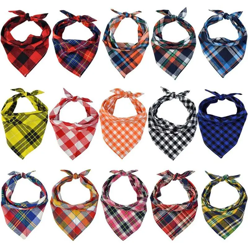 Dog and Cat Bandanas Plaid Cotton Bandanas Washable Puppy Triangular Bibs Handkerchief Boy Girl Scarfs for Pet Birthday Kerchief