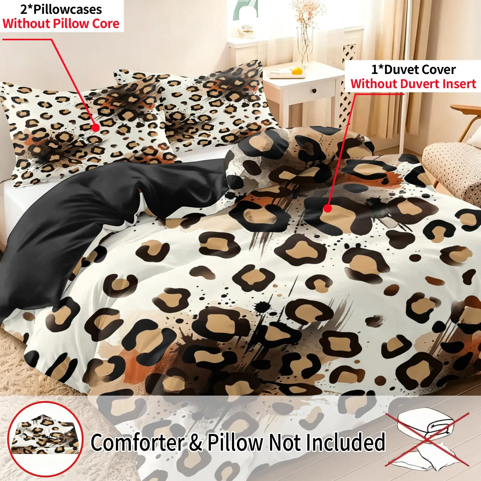 3-piece European style personalized leopard print duvet set, retro distressed splashed leopard dot bedding, trendy home textile duvet set, pillowcase combination, no duvet core, pillow core, bedding