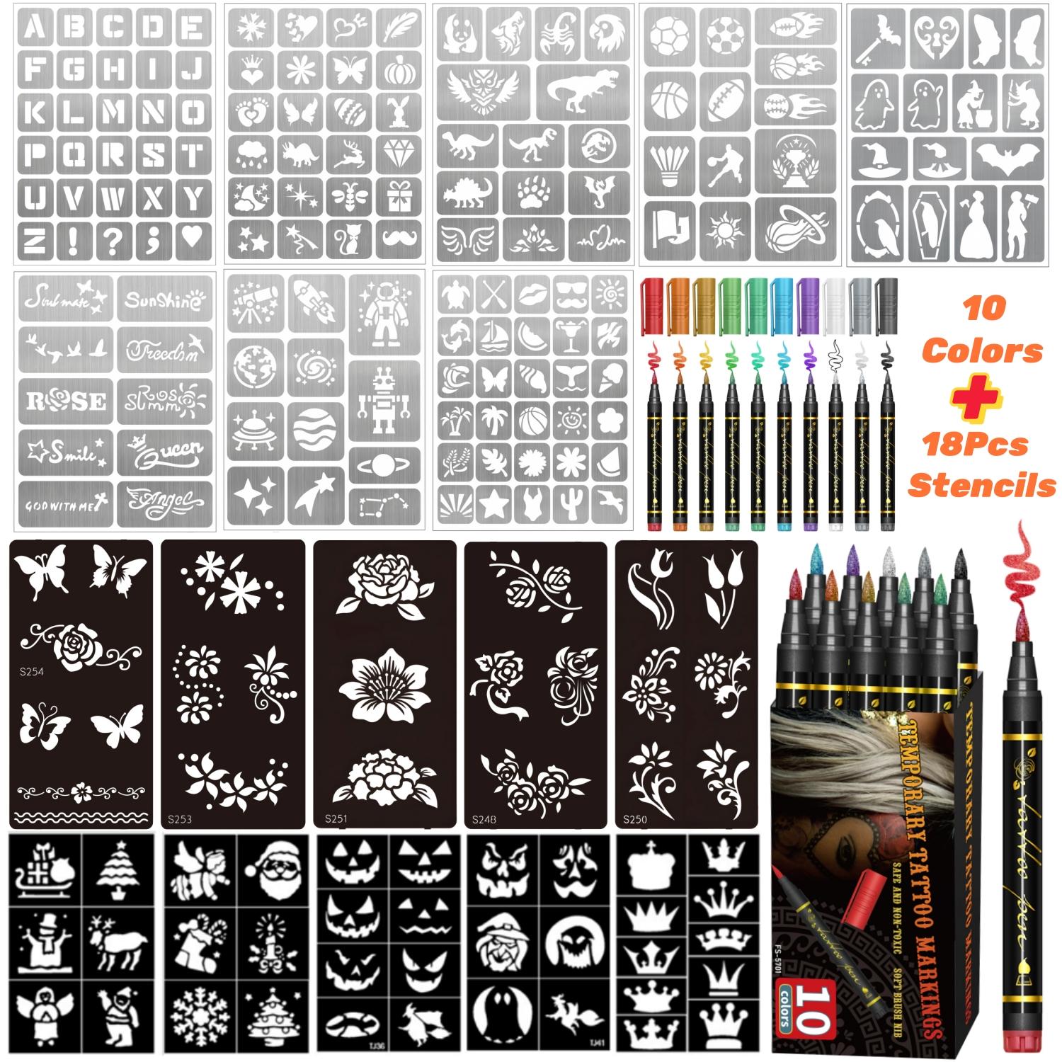 Temporary Tattoo Markers for Skin, Skin Safe, 10/15-Count Body Markers 10/15-Color Tattoo Pens, Flexible Brush Tip, Bright Colors, Cosmetic Quality Face Paint Kit, Perfect Christmas Gifts