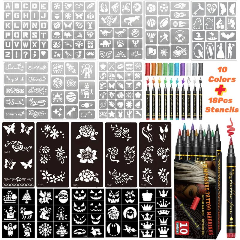 Temporary Tattoo Markers for Skin, 10/15/30-Count Body Markers+ Large Tattoo Stencils, Mehndi Stencils,10/15/30 Colors Tattoo Pens,Flexible Brush Tip, Bright colors, Face Paint Kit Quality,Halloween makeup