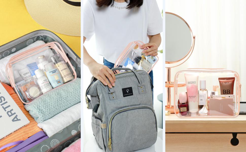 TSA Approved Toiletry Bag, Clear Makeup Bag, Quart Size Organizer, Travel Makeup Cosmetic Bag for Women, Carry on Airport Airline Compliant Pouch