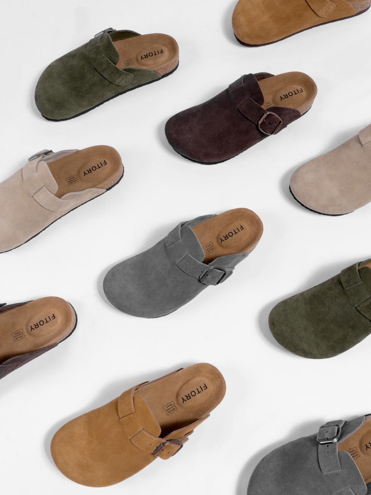 FITORY Breathe I | Men’s Suede Leather Clogs, Cork Footbed, Adjustable Strap, Round-Toe (US 7–14)【Check Measurements Carefully】