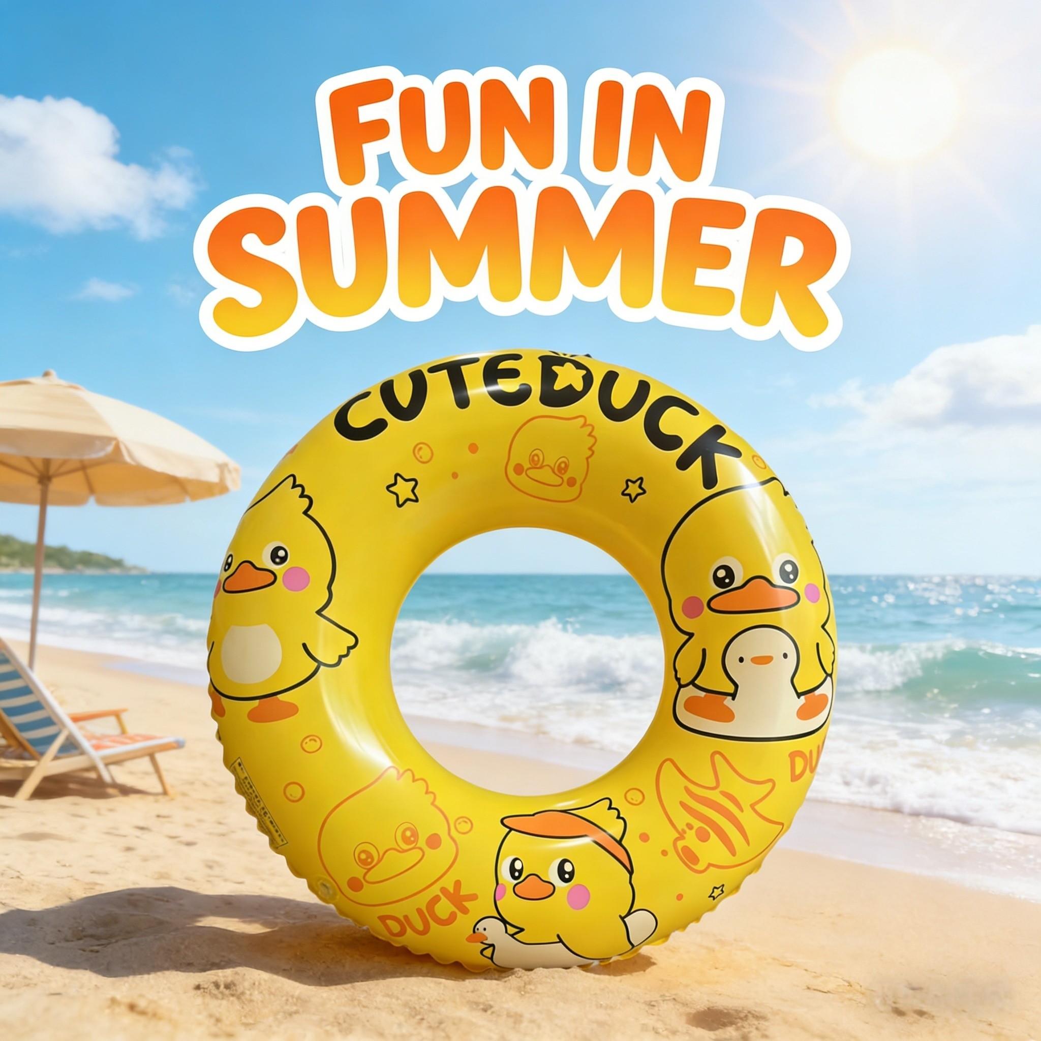 Cute Duck Print Inflatable Swim Ring, Bright Cartoon Design, Thickened PVC, Fun Float for Summer Water Play
