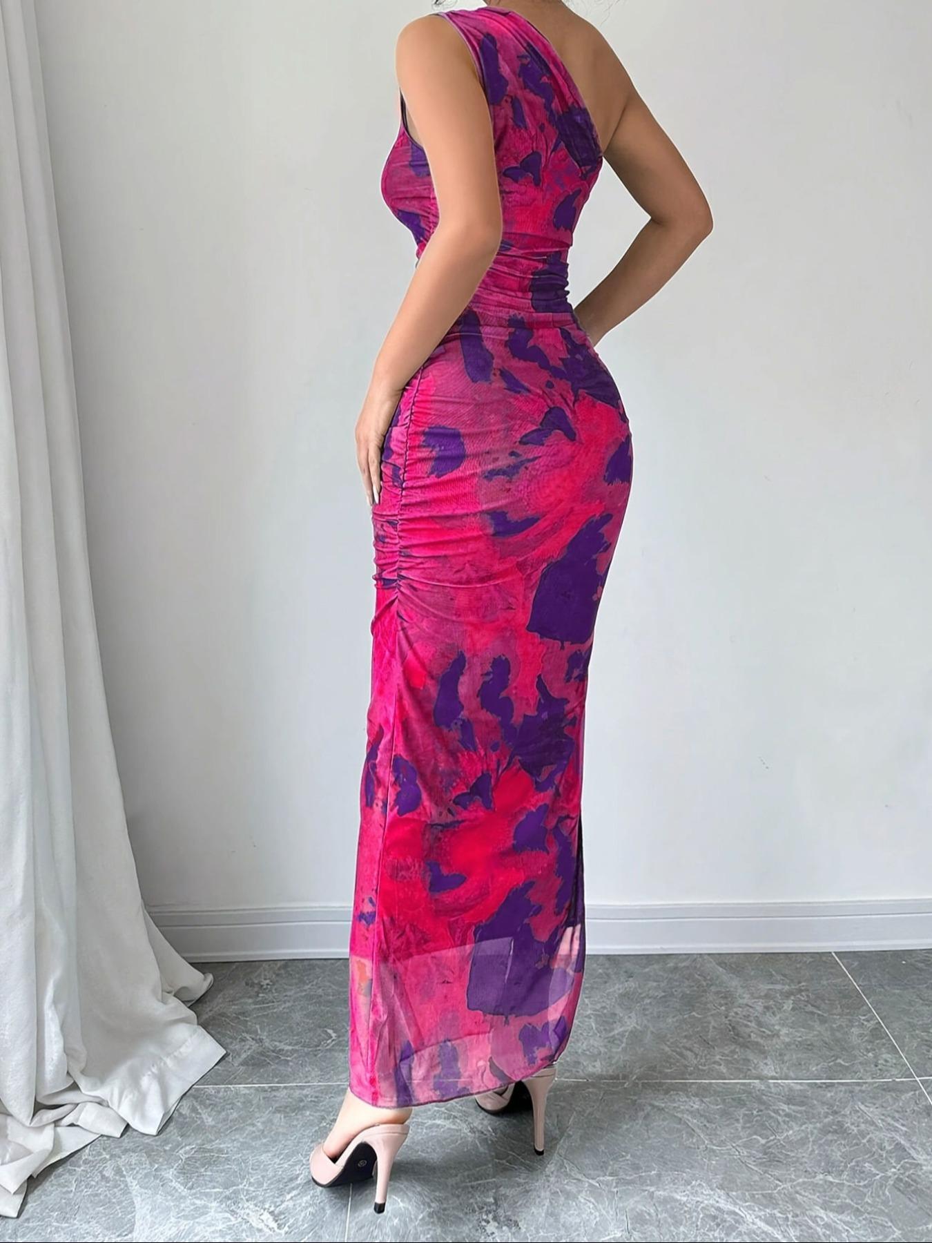 Women's Graphic Print Asymmetrical Neck  Dress, Elegant Sleeveless Split  Dress for Party Holiday Wedding Guest, Ladies Summer Clothes