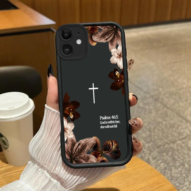 Vintage Floral Aesthetics Lanyard Phone Shell Christian Psalms 46:5 Cross for 【iPhone 12】  Matte Finish Anti Drop Bumper Religious Birthday Gift For Her 666