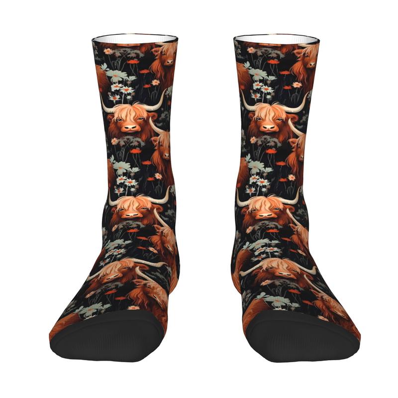 1pc Highland Cow Men'S Novelty Socks | Crew Sock with All Over Print, Elastane, Knit Fabric