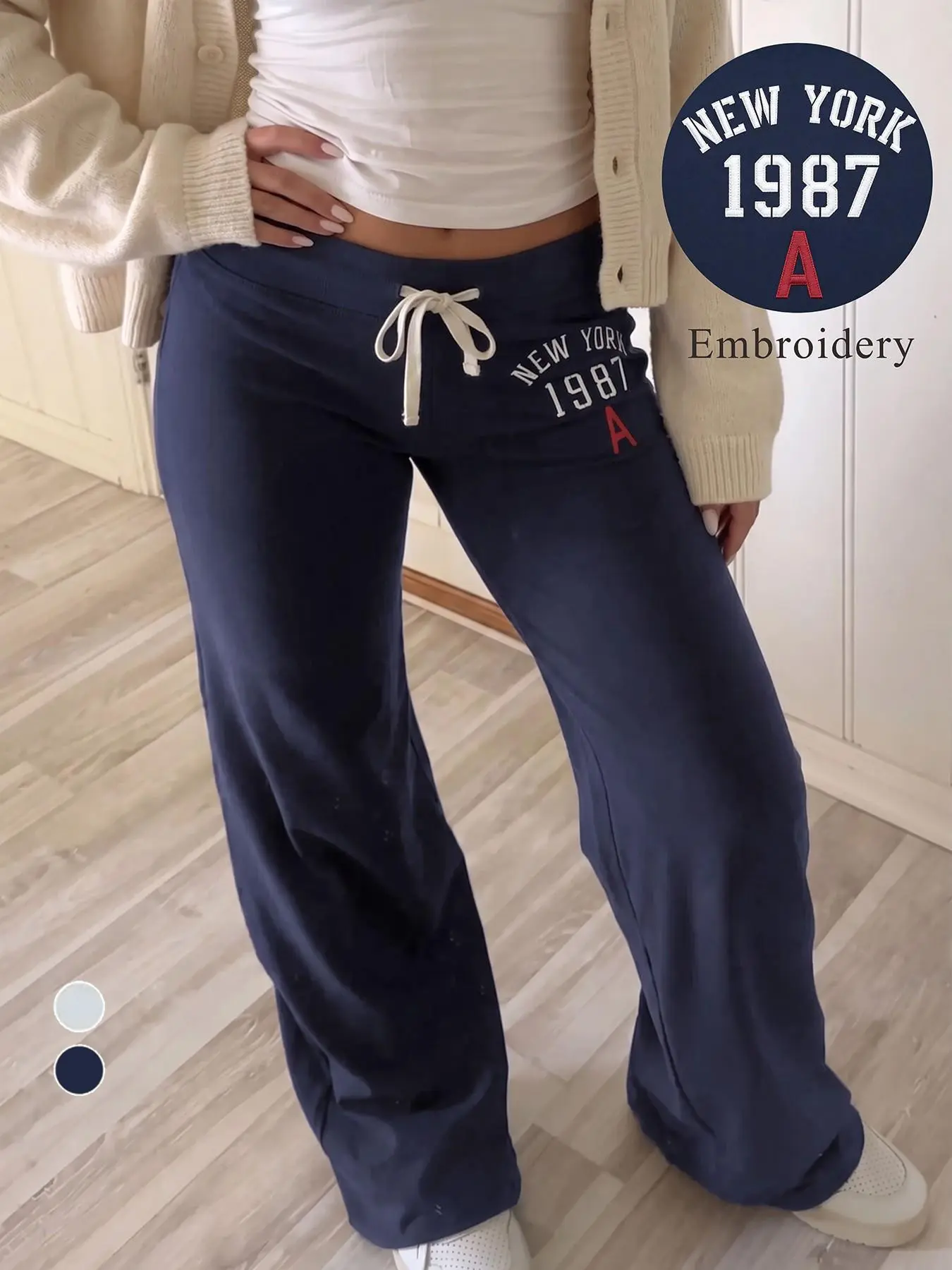 Soft Dralon Fabric Adjustable Drawstring Low Rise New York 1987 Letter Embroidery Y2K Retro Slim Bootcut Flare Sweatpants For Women Vintage Streetwear Loungewear Athletic Workout Daily Travel Casual Stretch Bottoms Trousers