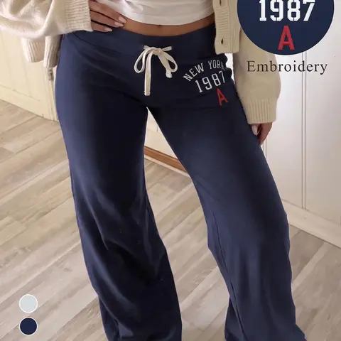 Soft Dralon Fabric Adjustable Drawstring Low Rise New York 1987 Letter Embroidery Y2K Retro Slim Bootcut Flare Sweatpants For Women Vintage Streetwear Loungewear Athletic Workout Daily Travel Casual Stretch Bottoms Trousers
