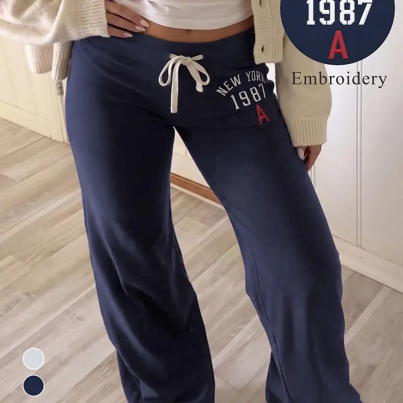 Soft Dralon Fabric Adjustable Drawstring Low Rise New York 1987 Letter Embroidery Y2K Retro Slim Bootcut Flare Sweatpants For Women Vintage Streetwear Loungewear Athletic Workout Daily Travel Casual Stretch Bottoms Trousers