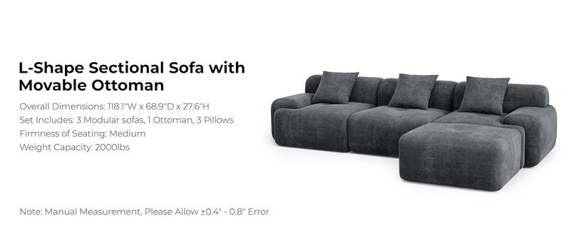 【2 Packages Shipping】LIKIMIO 118" Modern L-Shaped Modular Sectional Sofa for Living Room, Corduroy Upholstery Dark Grey, Oversized 3-Seater Couch with Deep Seat and Movable Ottoman – No Assembly