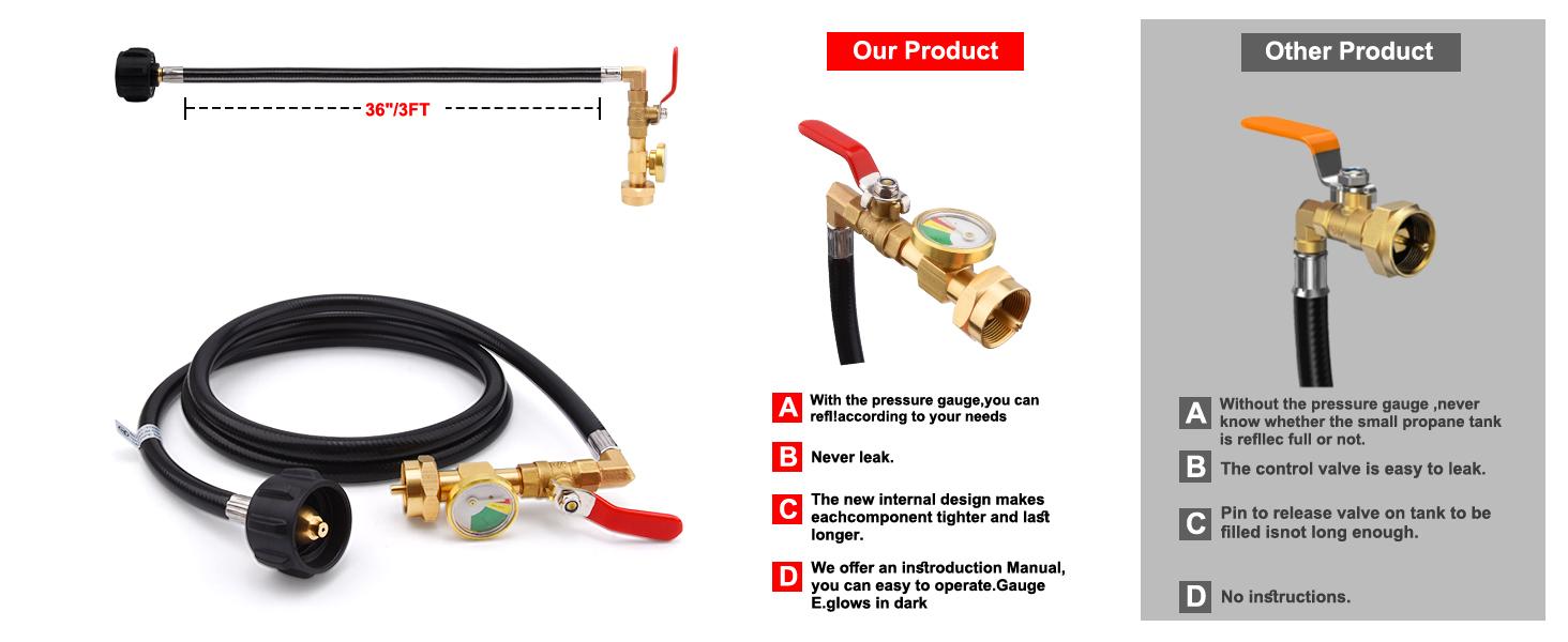 3FT Propane Refill Adapter Hose for 1 lb. Tanks - Refillable Propane Cylinder, Compatible with 1 lb. Propane Tank and 1 lb Throwaway Disposable Cylinder Propane Bottle Connector