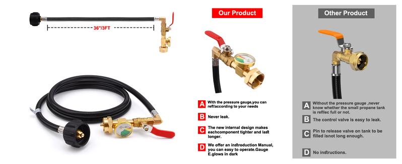 3FT Propane Refill Adapter Hose for 1 lb. Tanks - Refillable Propane Cylinder, Compatible with 1 lb. Propane Tank and 1 lb Throwaway Disposable Cylinder Propane Bottle Connector