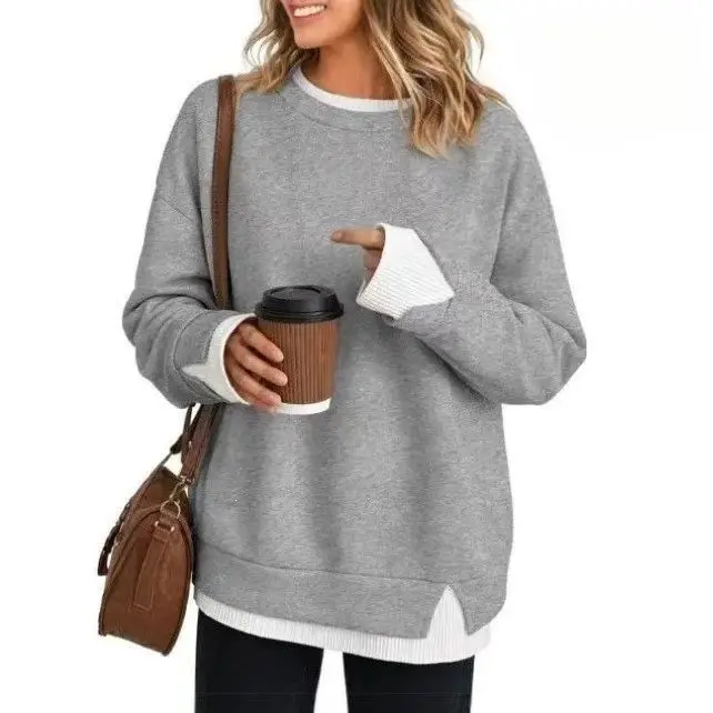 Women’s Oversized Layered Look Sweatshirt, Gray Crew Neck Long Sleeve Pullover with Contrast White Cuffs & Hem, Side Slit Casual Top, Loose Fit Fall Winter Sweatshirt for Travel, Lounge, Work & Everyday Wear S-3XL