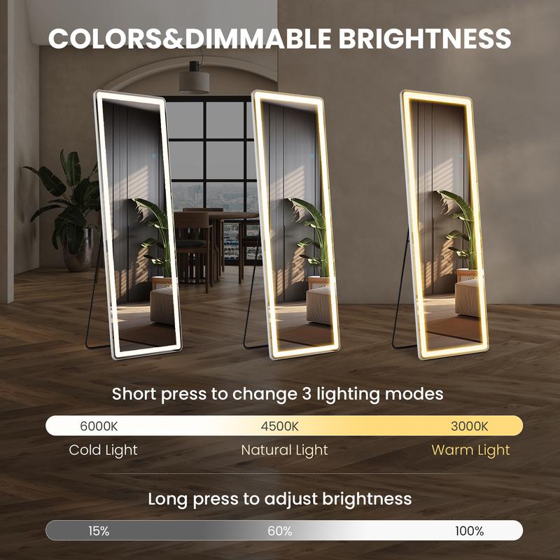 RIMIKING LED Full-Length Mirror, Touch Button Control, Dimmable Brightness, Color Temperature Options,2164N,Home Decor, Hd Glass