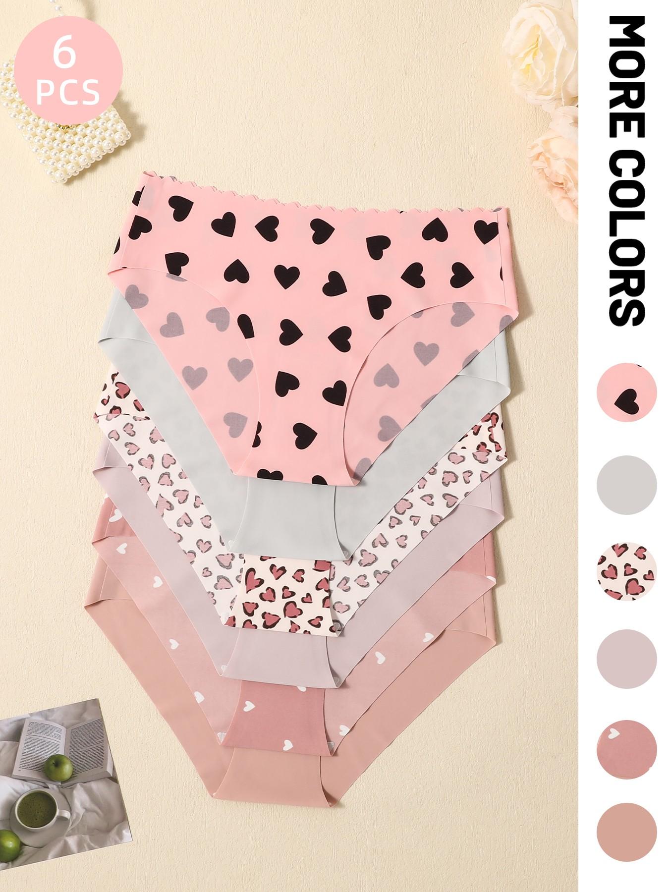 Women's Heart Print Panties, Soft Comfortable Invisible Fit, Triangle Underwear Set, 6 Pieces, Skin-Friendly