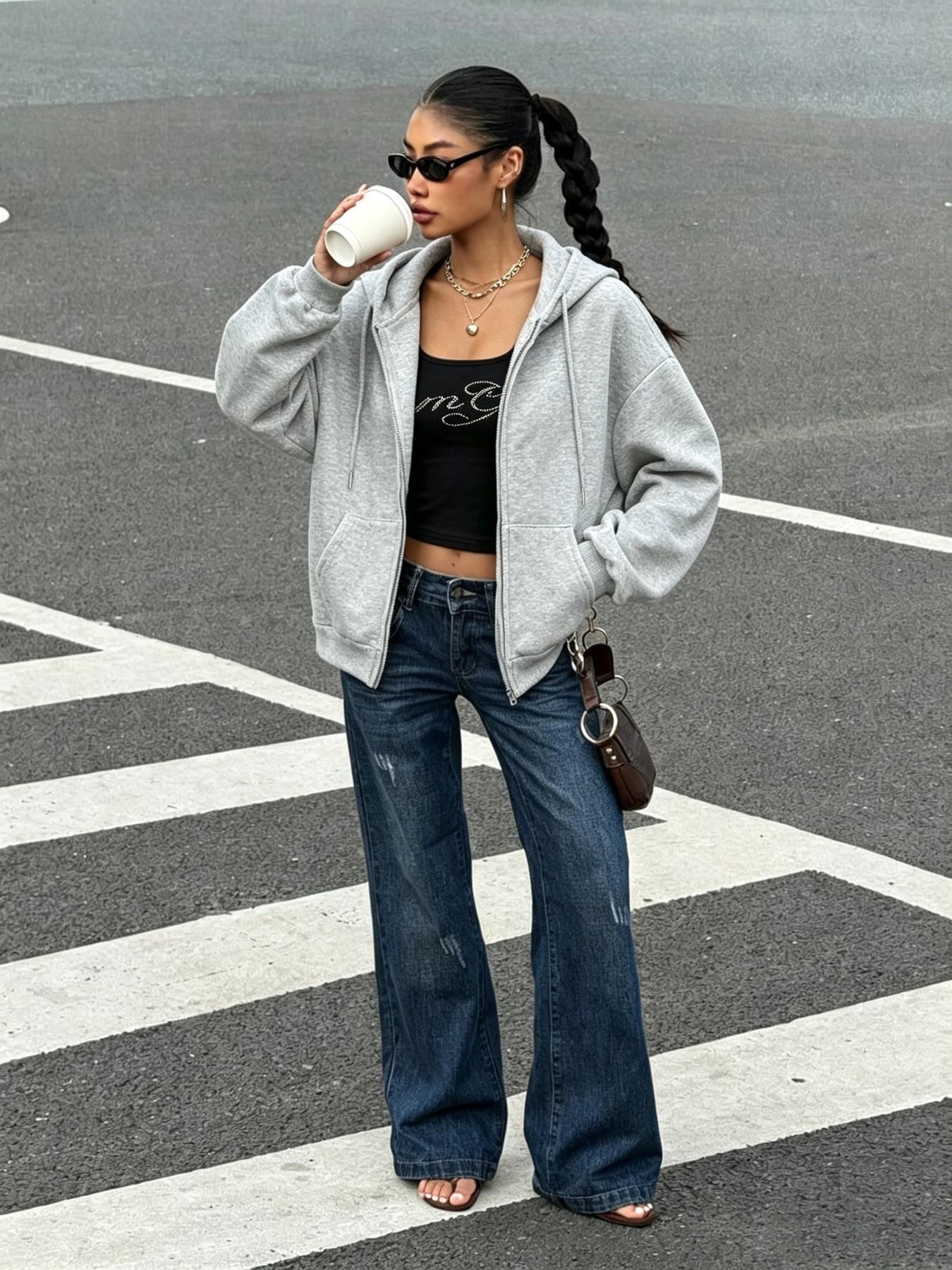 Women's Casual Solid Color Sweatshirt with Pockets and Adjustable Drawstring, Loose-Fit Hooded Zipper Pullover, Fall & Winter Fashion Top, Casual Streetwear Hoodies