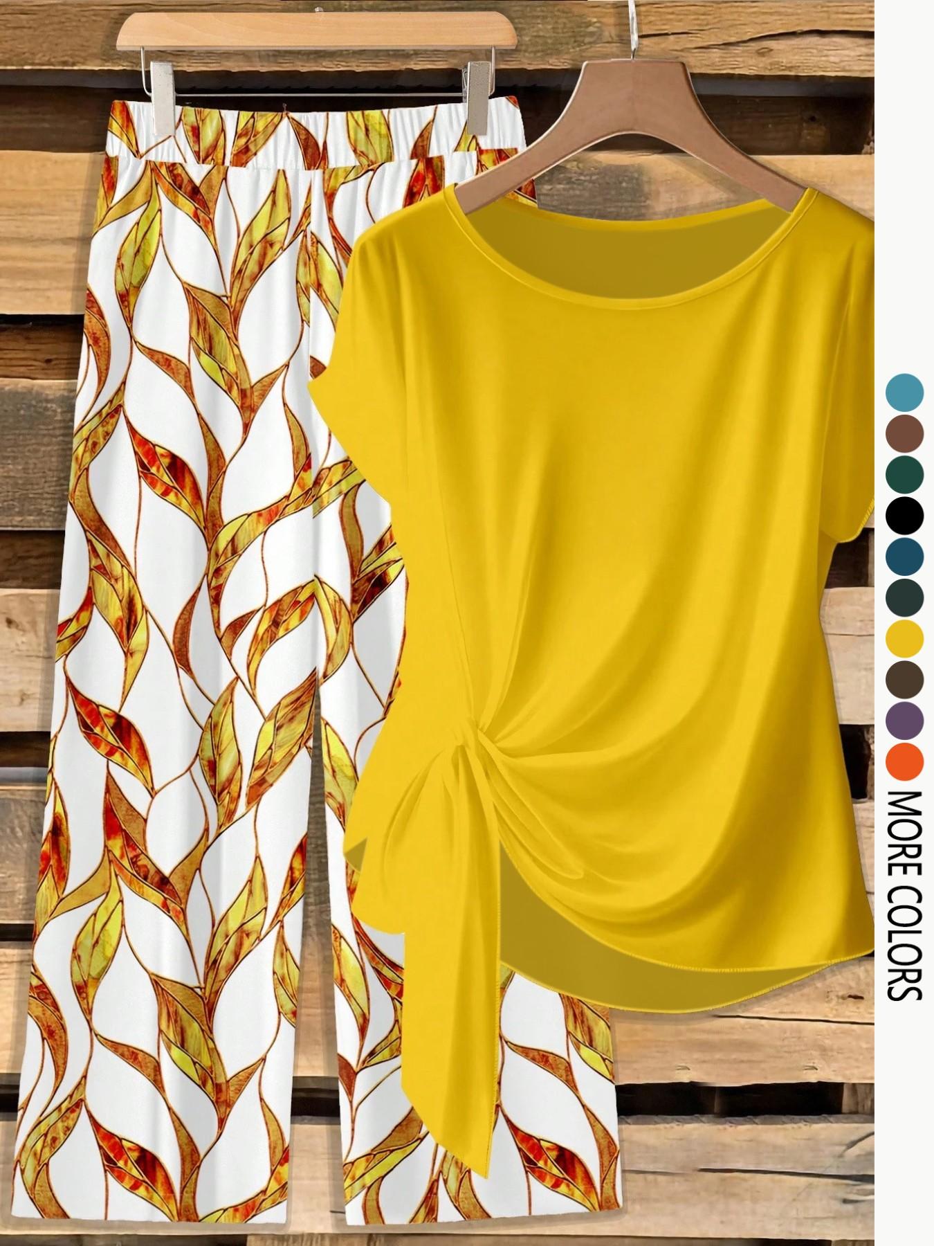 Women's Casual Printed Necktie Shirt and Loose Straight Pants Set, Perfect for Spring and Summer, Comfortable Two-Piece Women's Casual Printed Necktie Shirt and Loose Straight Pants Set, Perfect for Spring and Summer, Comfortable Two-Piece