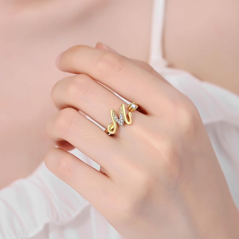 Adjustable 14K Gold Plated Initial Letter Rings for Women - Letters A-Z