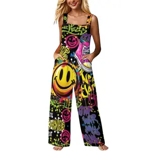 Womens Black Base Graffiti Smiley Face And Sneaker Print Spaghetti Strap Wide Leg Jumpsuit With Side Pockets Soft Lightweight Casual Loose Fit Edgy Streetwear Y2K Festival Overalls
