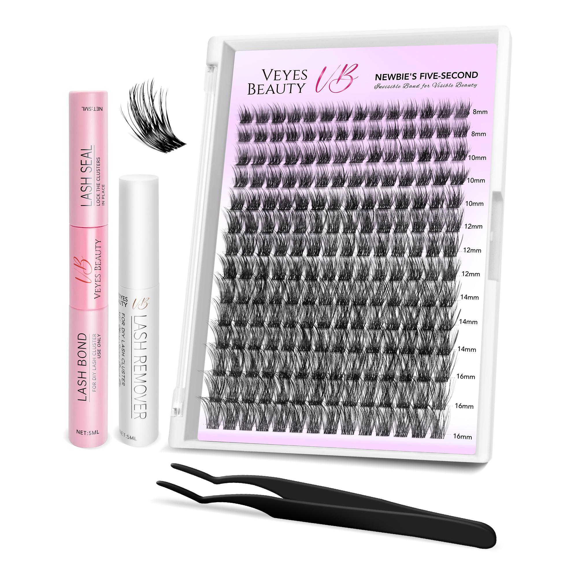 VEYESBEAUTY Dreamy Cluster Lashes Kit Eyelashes Makeup Individual Lash Extensions Volume Eyelash Wispy Faux Mink Lash Mixed Length Tray With Bond & Seal Tweezer Newbie's Five-Second DIY Dramatic Applicator at Home Eyelashes Extensions Cosmetic Makeup