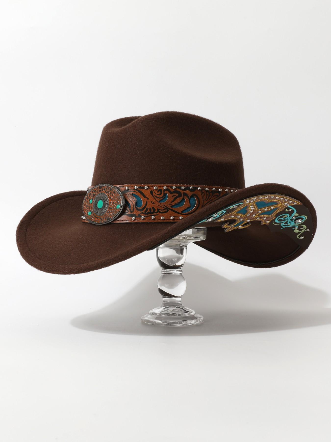 Women's Ethnic Style Cowboy Hat, Cowgirl Hats, Buckle Design Embroidery Brim Patch Decorative Dress Up Hat, Party Western Theme Event Accessory