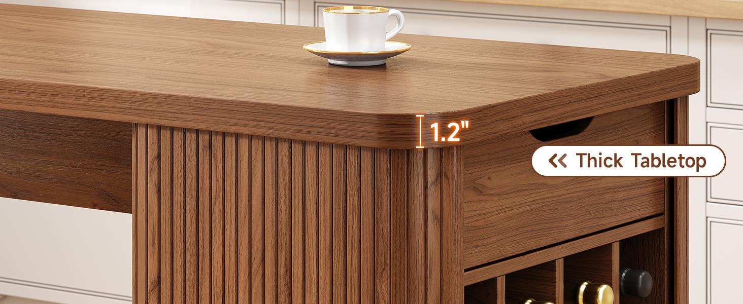 【SPOTLIGHT DAY】ONBRILL 59 Inch Kitchen Island with Storage, Fluted Counter Height Table, Mid-Century Modern Kitchen Island Table with Sliding Door, Home Bar Tables with Wine Rack and Drawers