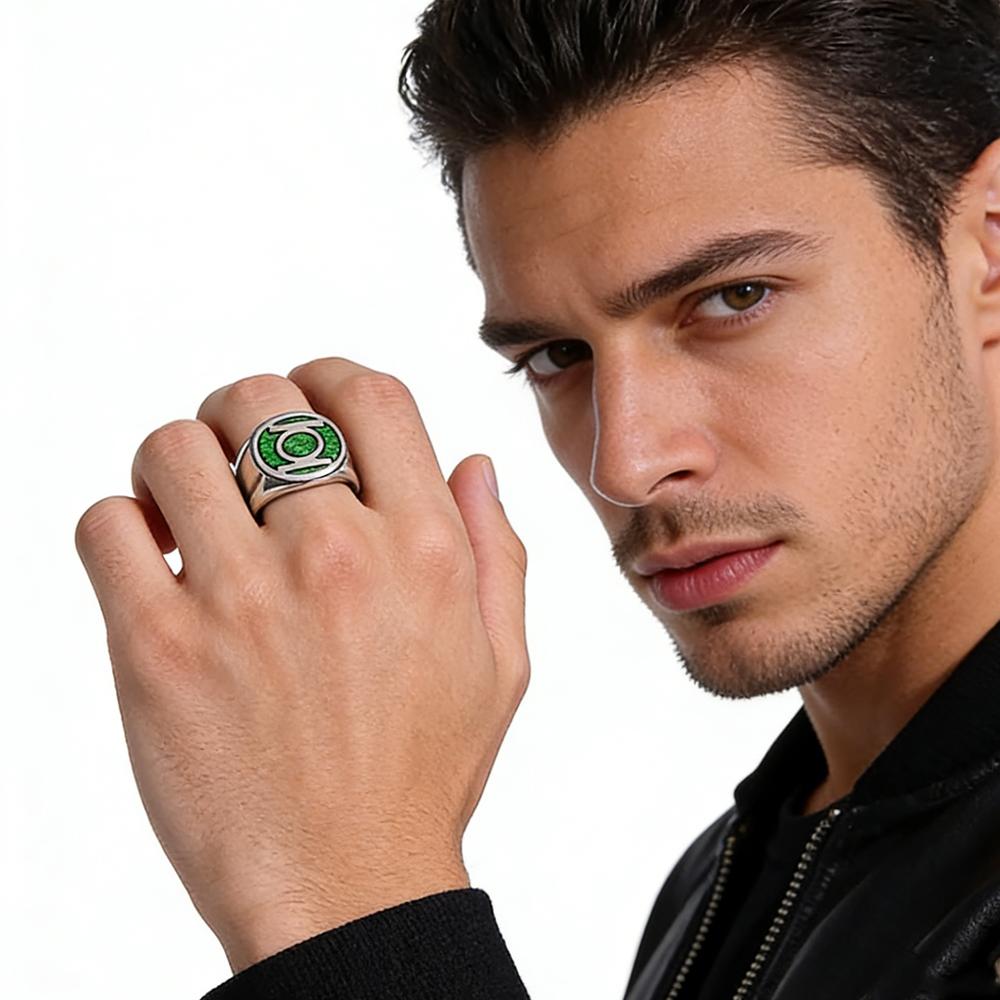 Unisex Silver-Coated Classic Green Lantern Symbol Round Ring - Green Enamel, Superhero Costume Jewelry for Role-Playing & Daily Wear, Circle Shape, Role-Play Ready