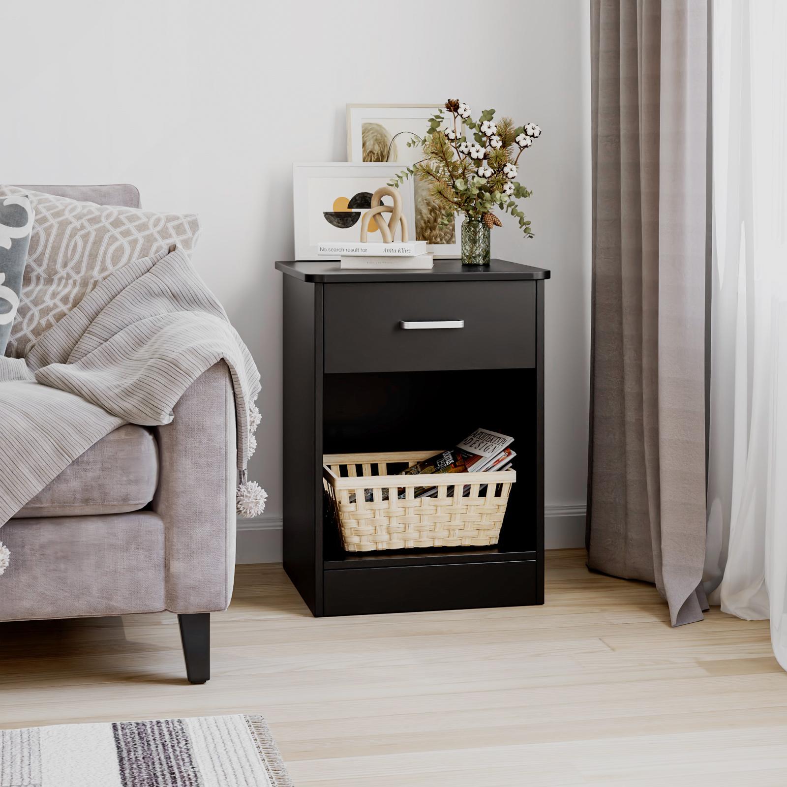 FOTOSOK Nightstand Set of 2, Nightstad with Drawer and Storage Cabinet, Wooden Night Stand End Table Bedside Table for Bedroom, 2 Pcs