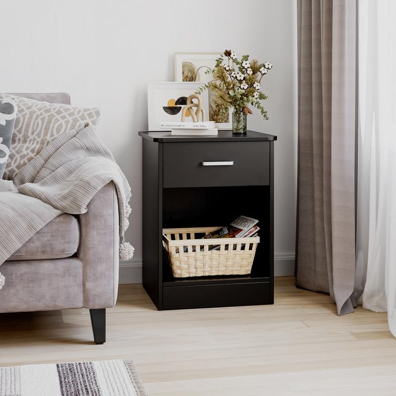 FOTOSOK Nightstand Set of 2, Nightstad with Drawer and Storage Cabinet, Wooden Night Stand End Table Bedside Table for Bedroom, 2 Pcs