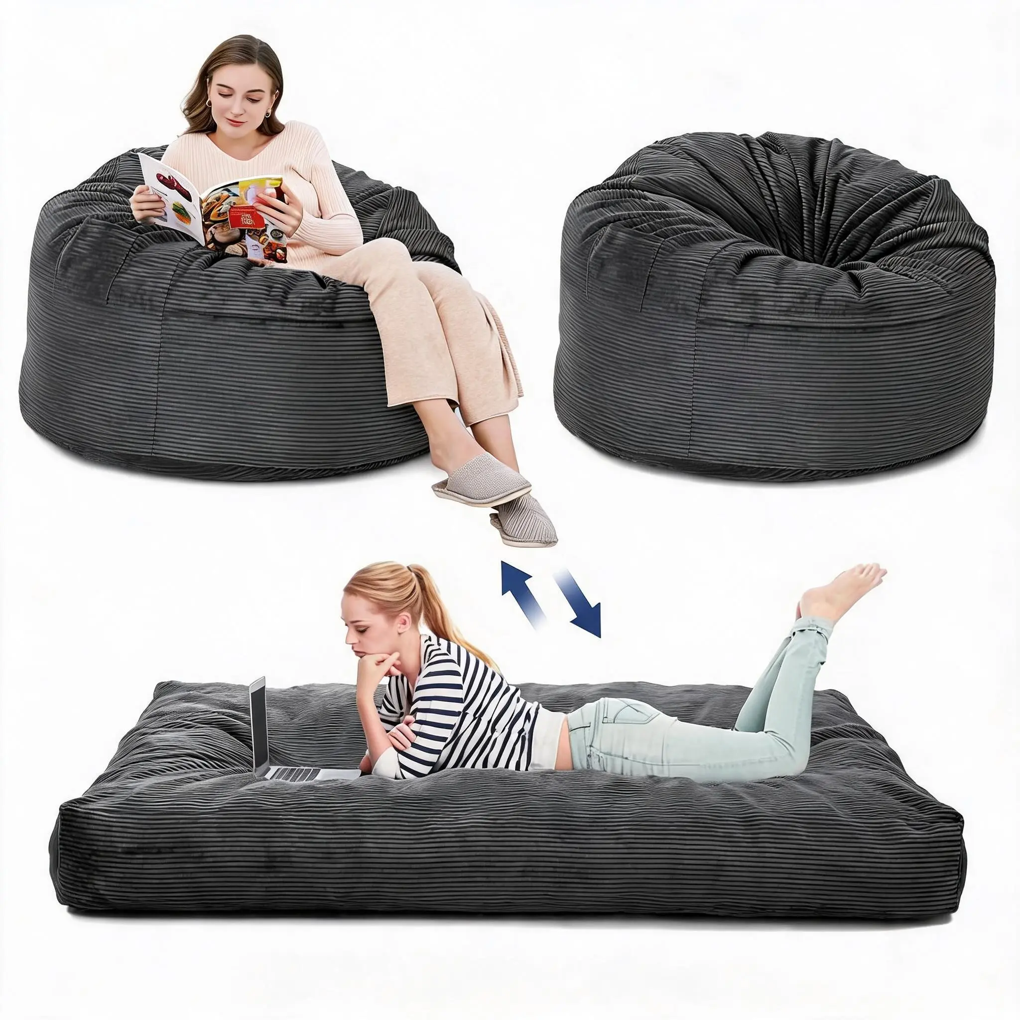 2-in-1 Convertible Bean Bag Chair Bed for Adults, High-Density Foam Floor Lounger Sofa with Washable Corduroy Cover, No Assembly, Guest Mattress - Dark Gray, Full