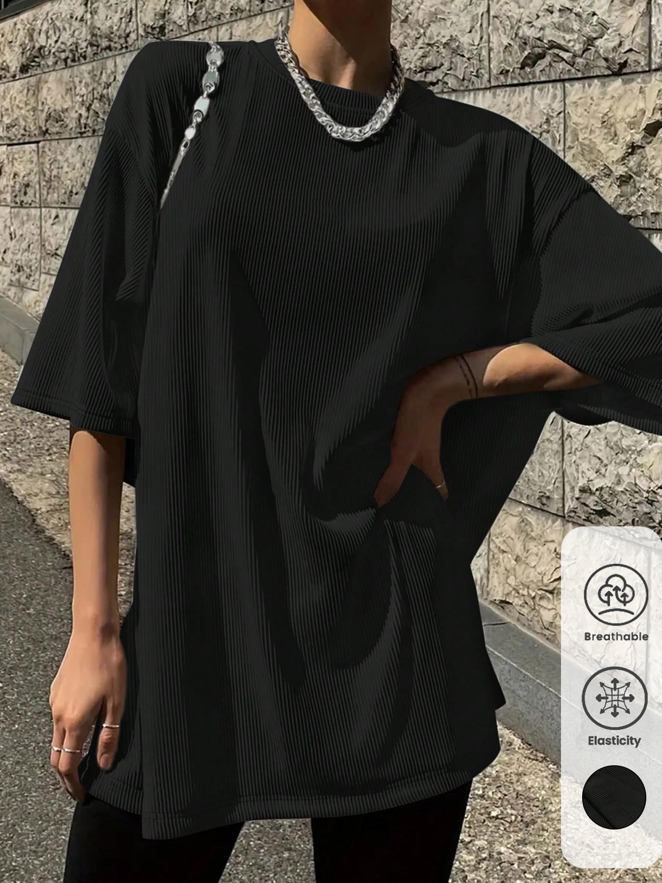 tiktokshopspringglowup Women's oversized ribbed T-shirt, breathable and elastic loose summer top, comfortable daily street wear basic T-shirt