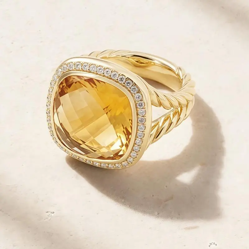 A Light Yellow Ring with A Heavy Square Design Adorned with Synthetic Synthetic Zirconia.