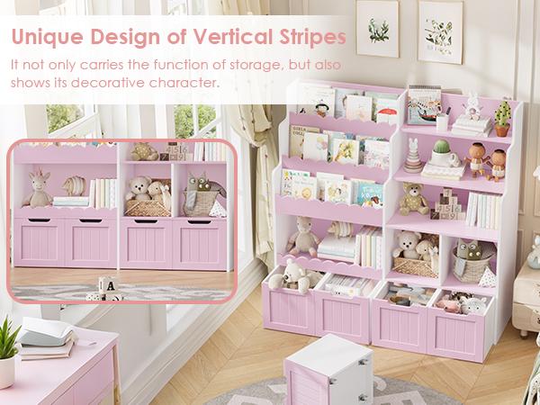 FOTOSOK Kids Bookshelf, Toy Storage Organizer, Large Toy Organizer with 4 Movable Drawers and 3 Storage Cubbies, Book Shelf for Kids Room