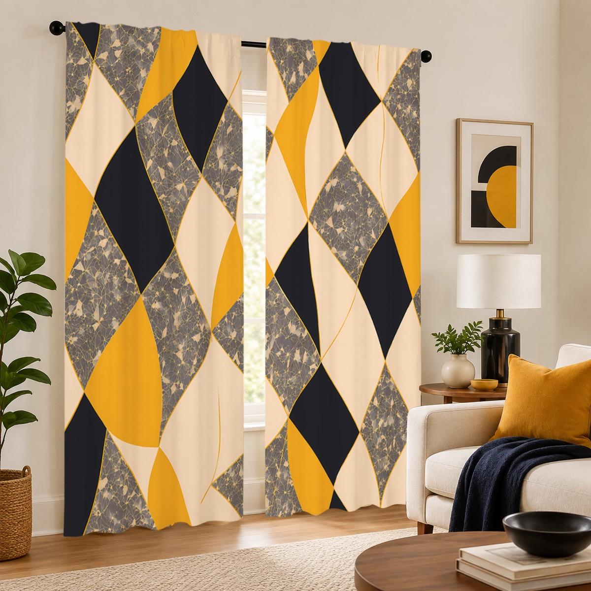 2pcs Modern, minimalist luxury semi-blackout curtains in yellow, black, and beige with a diamond geometric pattern. Pocket rod installation, made of polyester, suitable for bedrooms, kitchens, studies, etc. Semi Shading Curtain