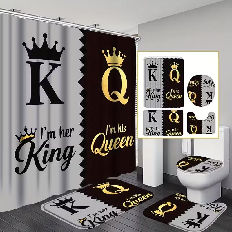1/4pc King and Queen Pattern Shower Curtain Set, Bathroom Shower Equipment, including shower curtain, toilet seat cover, rectangular mat, and U-shaped mat, perfect for bathroom décor, beautifying the space. Comes with 12 shower curtain hooks.