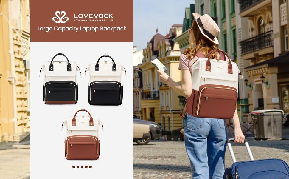 LOVEVOOK Fall Vegan Leather Backpack for Women,17 inch Leather Laptop Backpack for Women,Professional Work Backpack Nurse College Teacher Bag,Women Laptop Tote Bag Computer Travel Backpack Purse