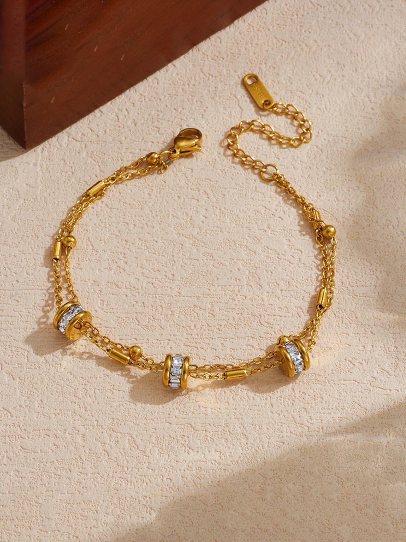 1Pcs Stainless Steel Synthetic Zircon Chain Bracelet For Women Gold Color Waterproof Simple Fashion Hand Chain Jewelry Daily Layering