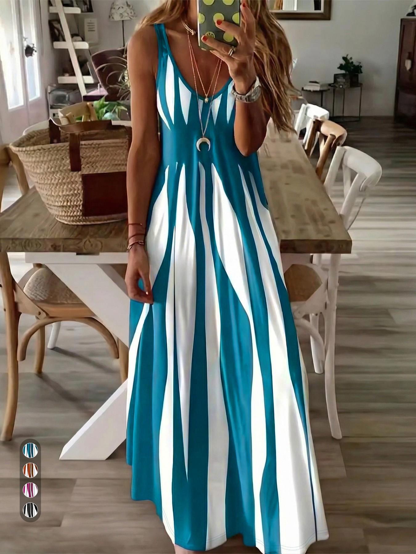 Women's Casual Boho Chic Slip Dress, Boho Style Dresses, Summer Dress, Color Block Print, V-Neck Sleeveless Long Dress, Boho Summer Clothes, Stylish and Comfortable for Daily Wear